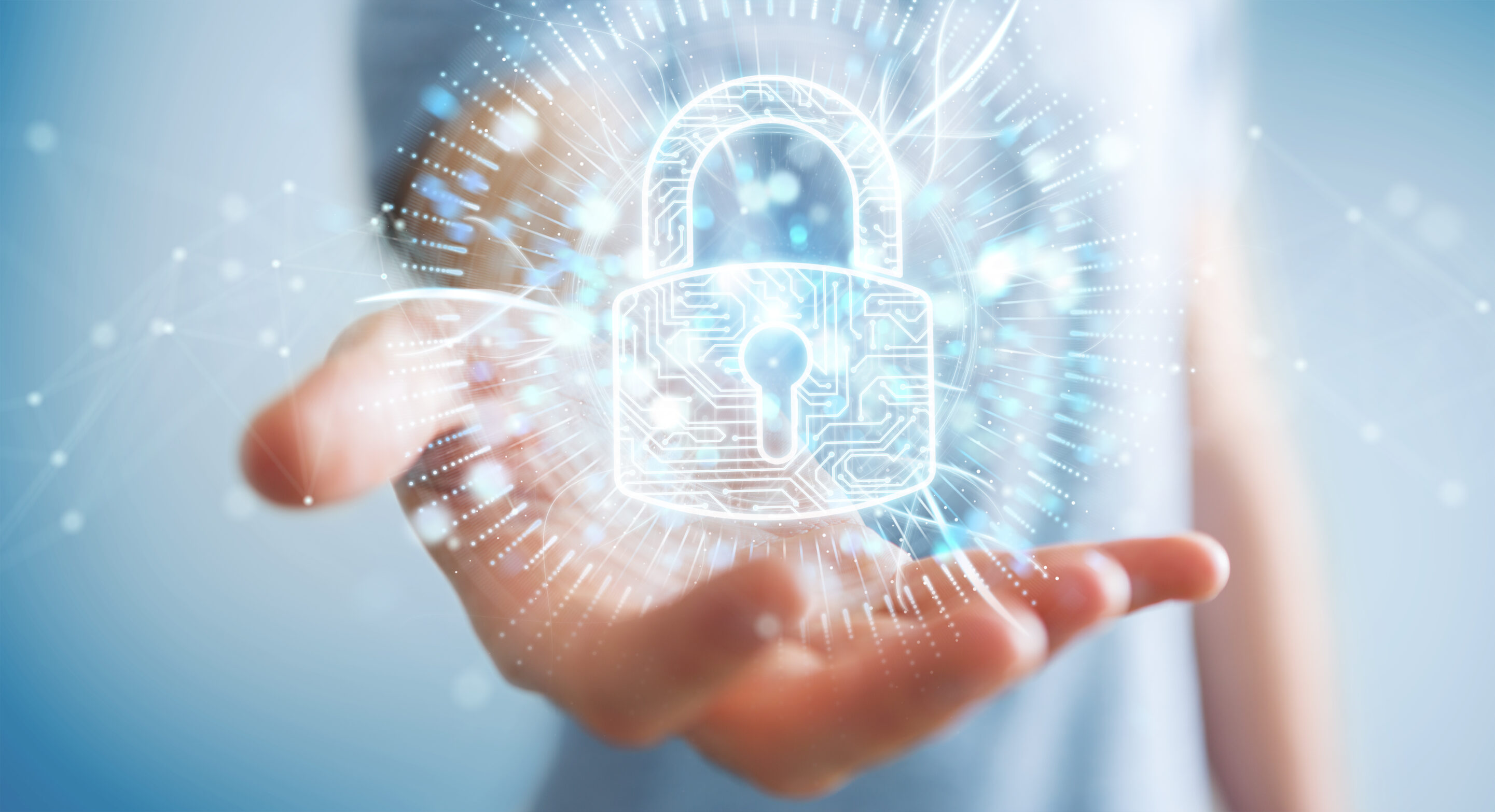 Businessman protecting his datas with digital security hologram
